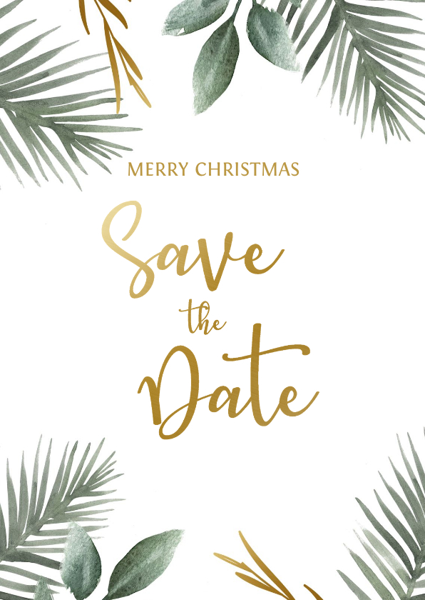 Kerstkaarten - Save the date kerstkaart met kersttakjes en gouden tekst