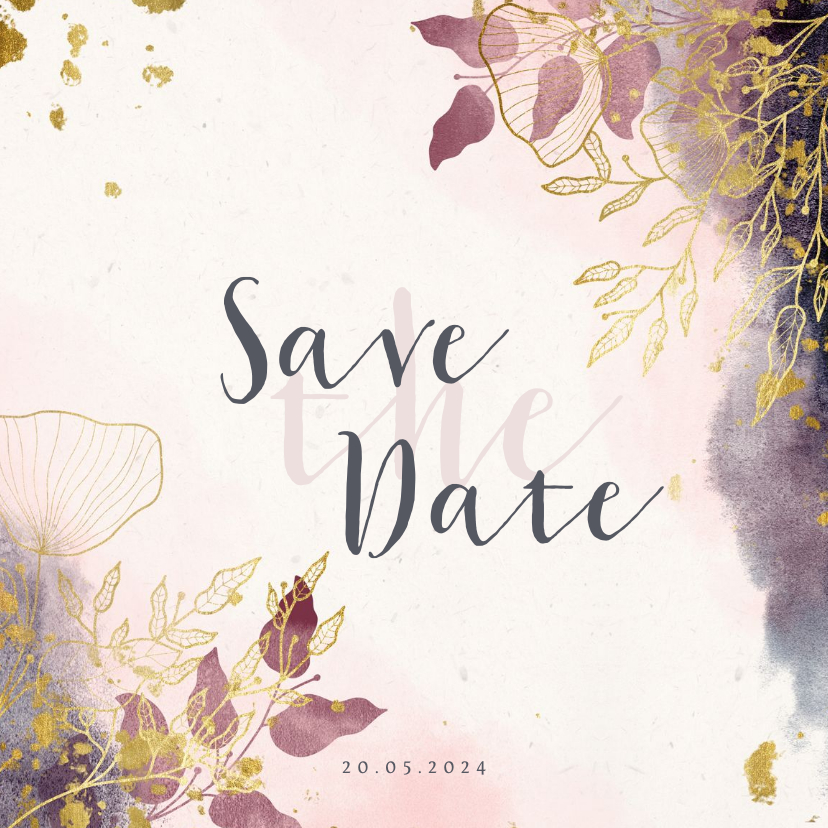 Save the date kerstkaart met waterverf en gouden bloemen - Kerstkaarten Kerstkaarten - Save the date kerstkaart met waterverf en gouden bloemen