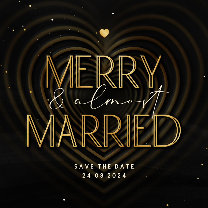Kerstkaarten - Save the date Merry & Married met hart op achtergrond