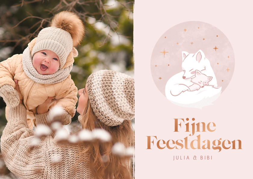 Kerstkaarten - Schattig kerstkaartje met poolvosje en baby in roze