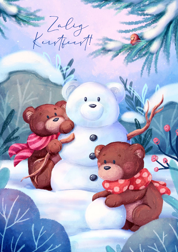 Schattige kerstkaart met beren en sneeuwpop - Kerstkaarten Kerstkaarten - Schattige kerstkaart met beren en sneeuwpop