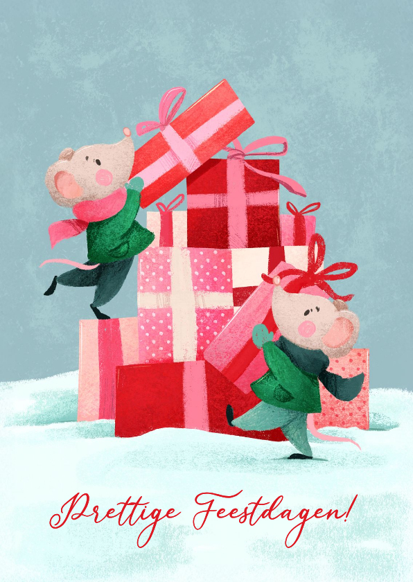 Schattige kerstkaart met muizen en cadeautjes - Kerstkaarten Kerstkaarten - Schattige kerstkaart met muizen en cadeautjes