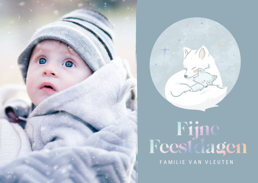 Kerstkaarten - Schattige kerstkaart met poolvosje en baby in blauw