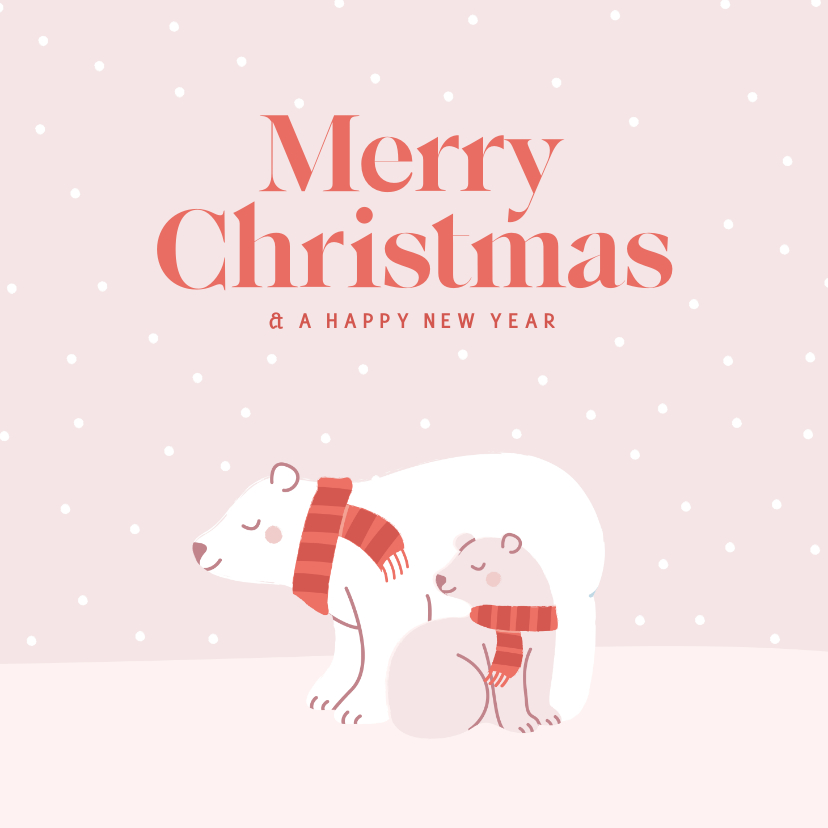 Schattige roze kerstkaart met ijsbeertjes met sjaal - Kerstkaarten Kerstkaarten - Schattige roze kerstkaart met ijsbeertjes met sjaal