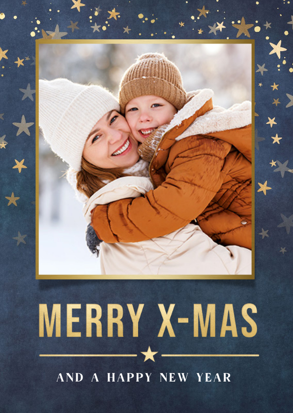 Sfeervolle kerstkaart met eigen foto en gouden sterren - Kerstkaarten Kerstkaarten - Sfeervolle kerstkaart met eigen foto en gouden sterren