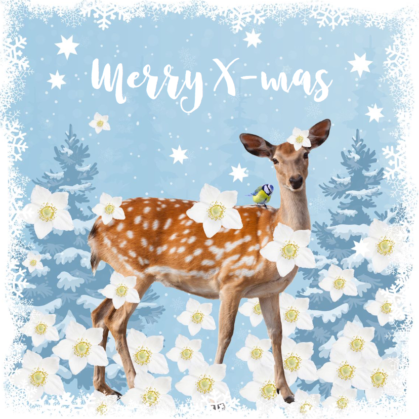 Sfeervolle kerstkaart met hertje en meesje - Kerstkaarten Kerstkaarten - Sfeervolle kerstkaart met hertje en meesje