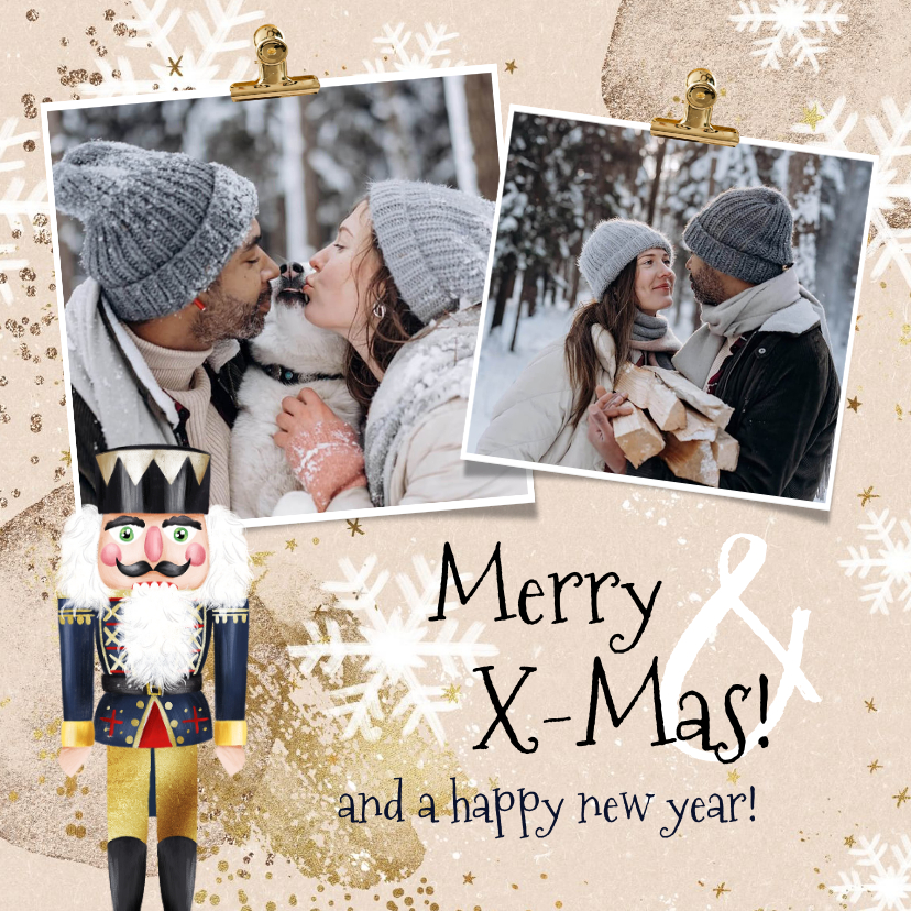Sfeervolle kerstkaart notenkraker goudlook sterren foto's - Kerstkaarten Kerstkaarten - Sfeervolle kerstkaart notenkraker goudlook sterren foto's