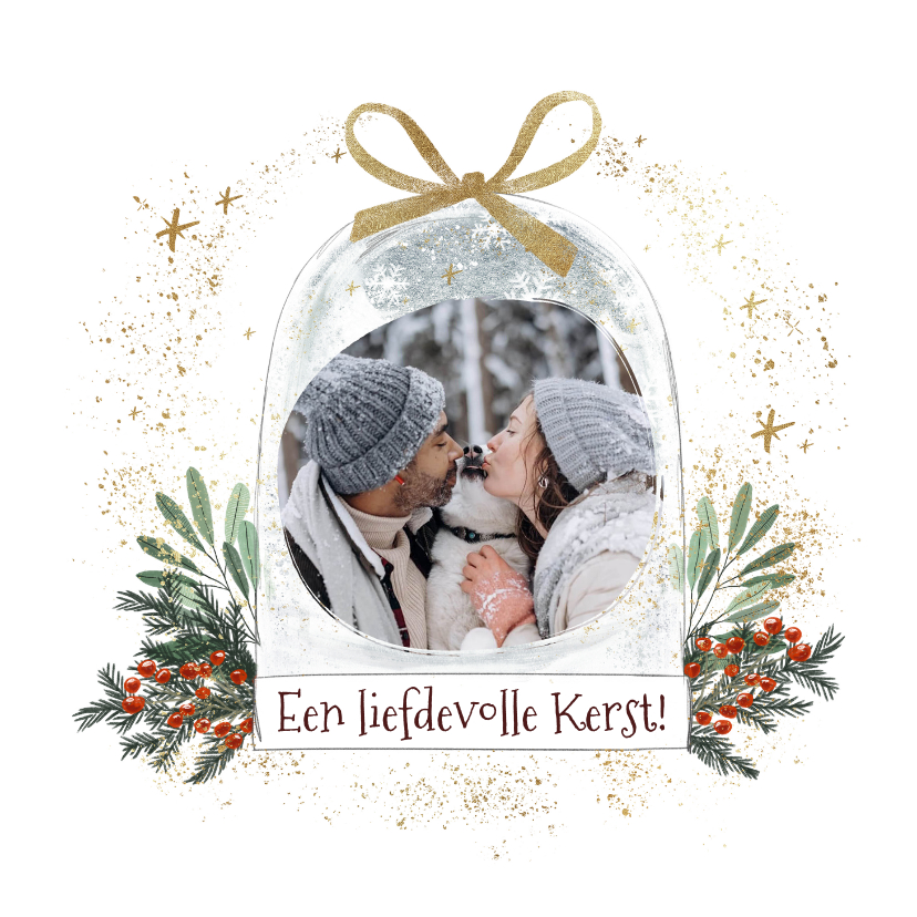 Kerstkaarten - Sfeervolle kerstkaart sneeuwbol foto goudlook botanisch