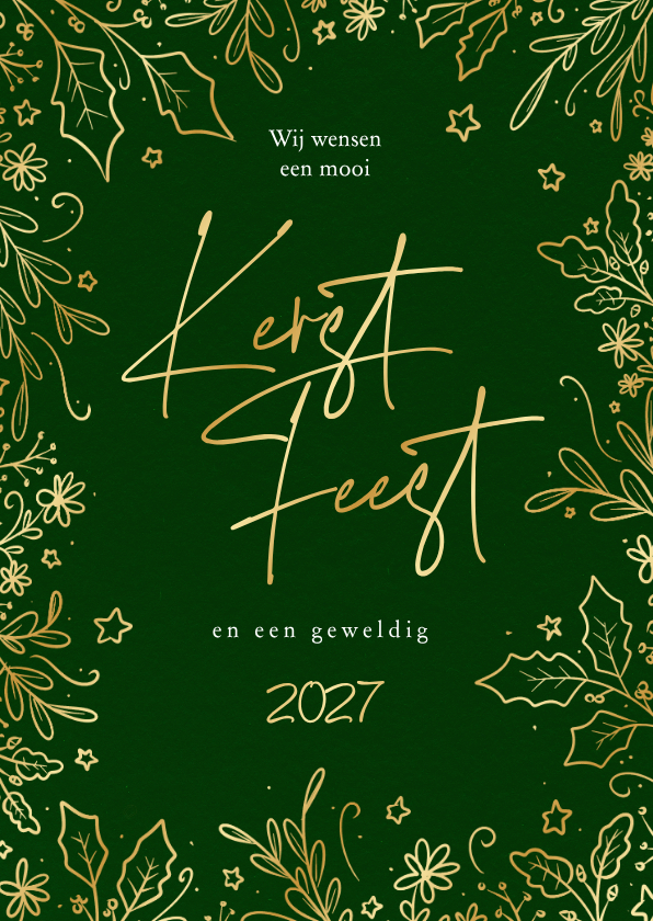 Sierlijke kerstkaart met botanische rand in goud - Kerstkaarten Kerstkaarten - Sierlijke kerstkaart met botanische rand in goud