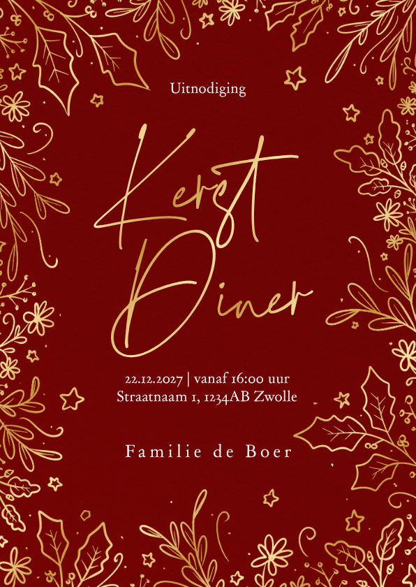 Sierlijke uitnodiging kerstdiner met gouden takjes rood - Kerstkaarten Kerstkaarten - Sierlijke uitnodiging kerstdiner met gouden takjes rood