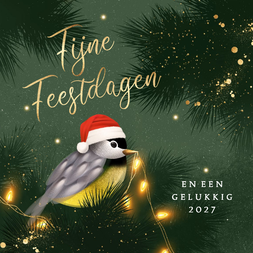 Kerstkaarten - Sjieke kerstkaart koolmeesje kerstboom lichtjes