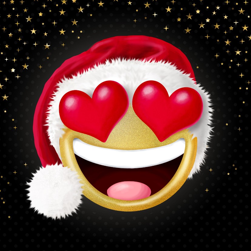 Kerstkaarten - Smiley met hartjes als ogen en kerstmuts op