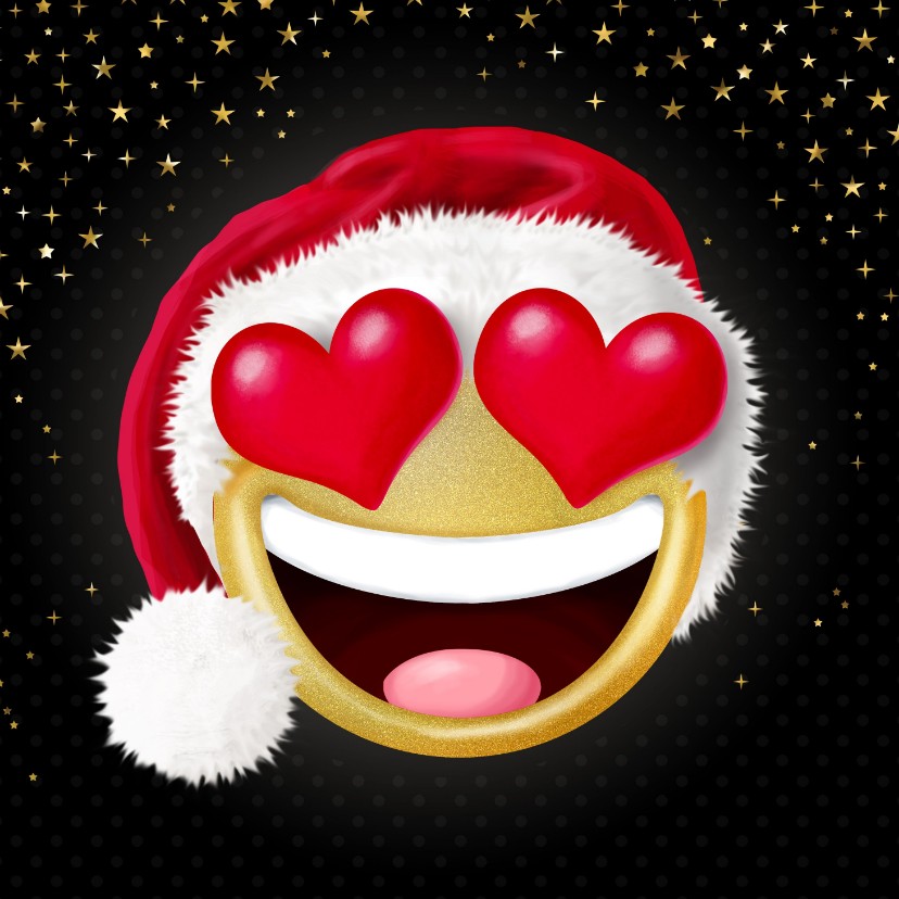 Smiley met hartjes als ogen en kerstmuts op - Kerstkaarten Kerstkaarten - Smiley met hartjes als ogen en kerstmuts op
