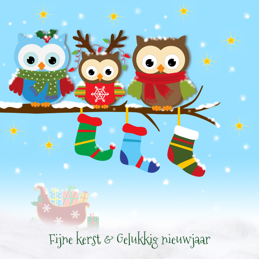 Sneeuw, uiltjes en kerstsokken - Kerstkaarten Kerstkaarten - Sneeuw, uiltjes en kerstsokken