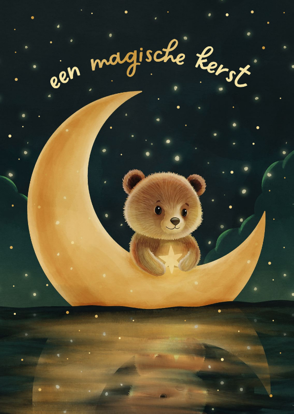 Sprankelend kerstkaartje beer met maan ster magische kerst - Kerstkaarten Kerstkaarten - Sprankelend kerstkaartje beer met maan ster magische kerst