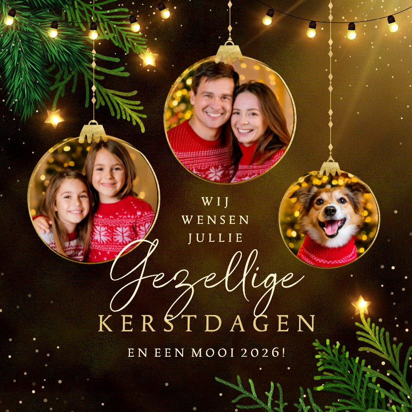 Sprankelende kerstkaart fotocollage kerstballen en lichtjes - Kerstkaarten Kerstkaarten - Sprankelende kerstkaart fotocollage kerstballen en lichtjes