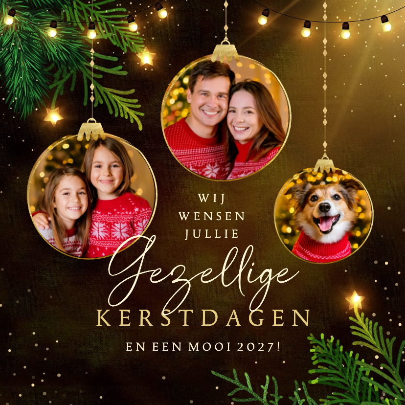Sprankelende kerstkaart fotocollage kerstballen en lichtjes - Kerstkaarten Kerstkaarten - Sprankelende kerstkaart fotocollage kerstballen en lichtjes
