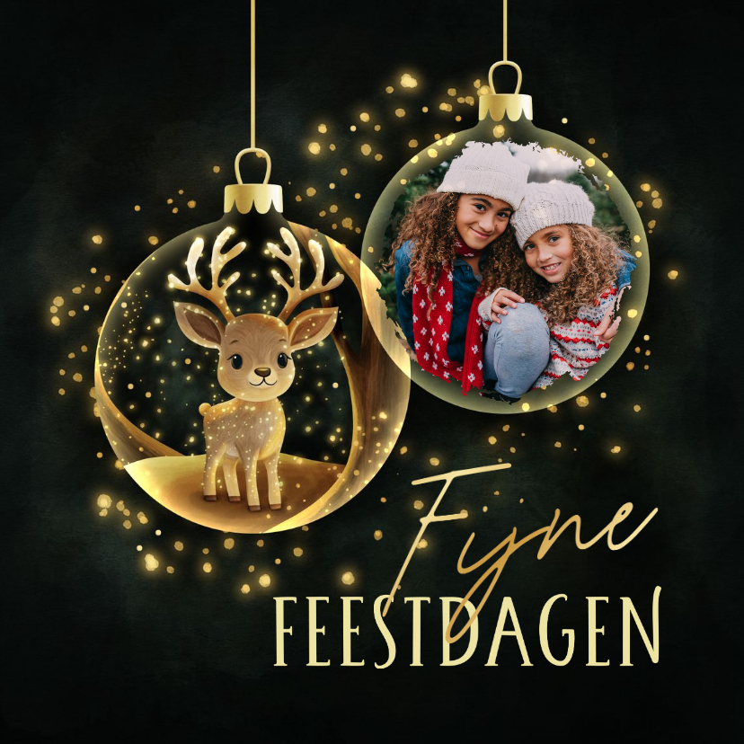 Sprankelende kerstkaart hertje in kerstbal fijne feestdagen - Kerstkaarten Kerstkaarten - Sprankelende kerstkaart hertje in kerstbal fijne feestdagen