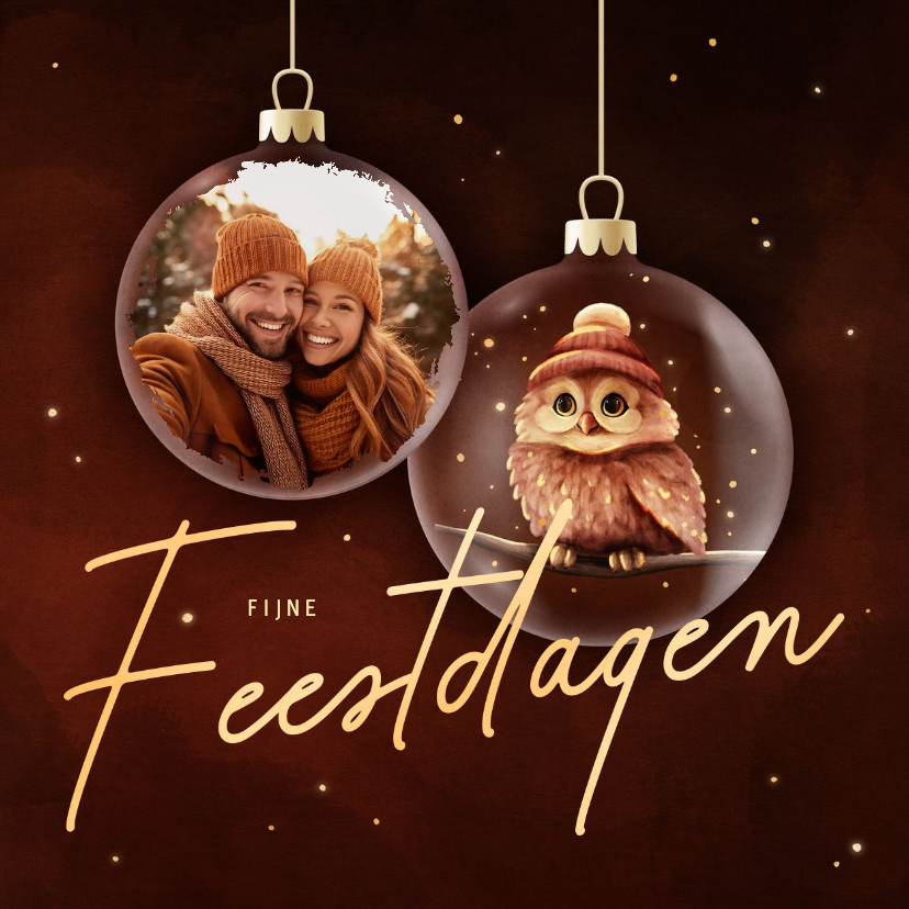 Sprankelende kerstkaart kerstballen met foto en uil op takje - Kerstkaarten Kerstkaarten - Sprankelende kerstkaart kerstballen met foto en uil op takje