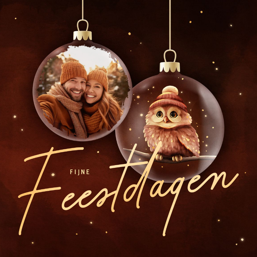 Sprankelende kerstkaart kerstballen met foto en uil op takje - Kerstkaarten Kerstkaarten - Sprankelende kerstkaart kerstballen met foto en uil op takje