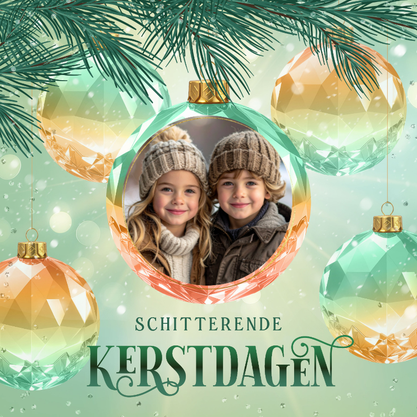 Sprankelende kerstkaart met foto en kristallen kerstballen - Kerstkaarten Kerstkaarten - Sprankelende kerstkaart met foto en kristallen kerstballen
