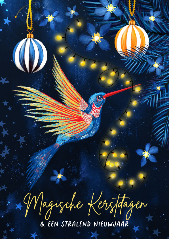 Sprankelende kerstkaart met kolibri en lichtjes - Kerstkaarten Kerstkaarten - Sprankelende kerstkaart met kolibri en lichtjes