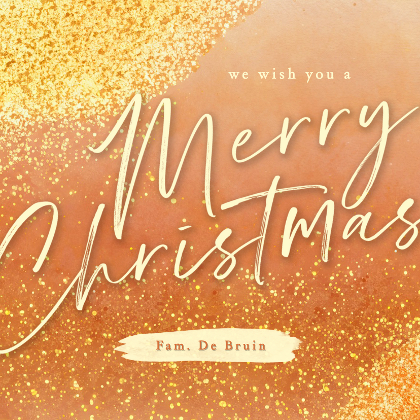 Sprankelende kerstkaart oranje met gouden glitters - Kerstkaarten Kerstkaarten - Sprankelende kerstkaart oranje met gouden glitters