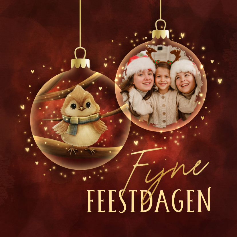 Sprankelende kerstkaart vogel in kerstbal fijne feestdagen - Kerstkaarten Kerstkaarten - Sprankelende kerstkaart vogel in kerstbal fijne feestdagen
