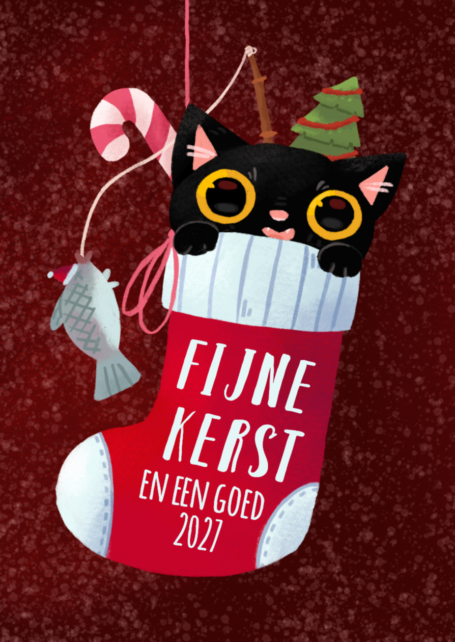 Staand kerstkaartje met een zwarte kat in sok. - Kerstkaarten Kerstkaarten - Staand kerstkaartje met een zwarte kat in sok.