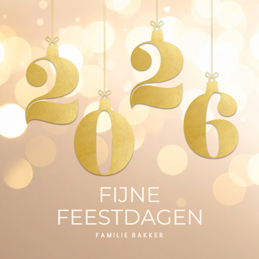 Kerstkaarten - Stijlvol beige kerstkaartje 2026 goud met bokeh