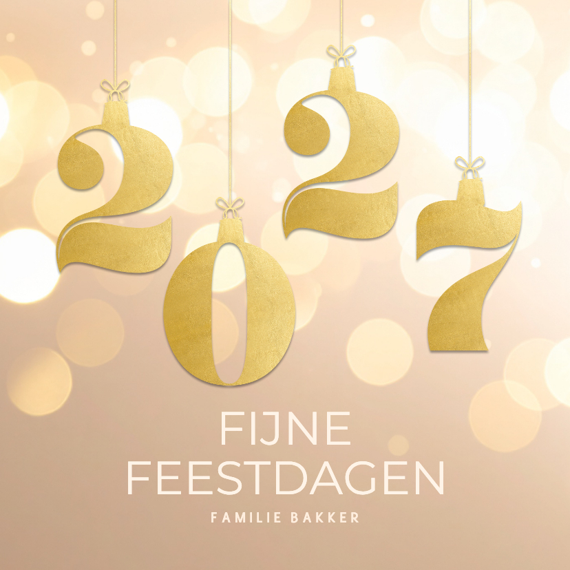 Kerstkaarten - Stijlvol beige kerstkaartje 2027 goud met bokeh