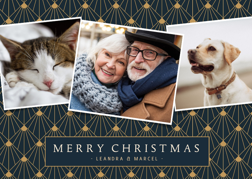 Stijlvolle art-deco kerstkaart met 3 eigen foto's - Kerstkaarten Kerstkaarten - Stijlvolle art-deco kerstkaart met 3 eigen foto's