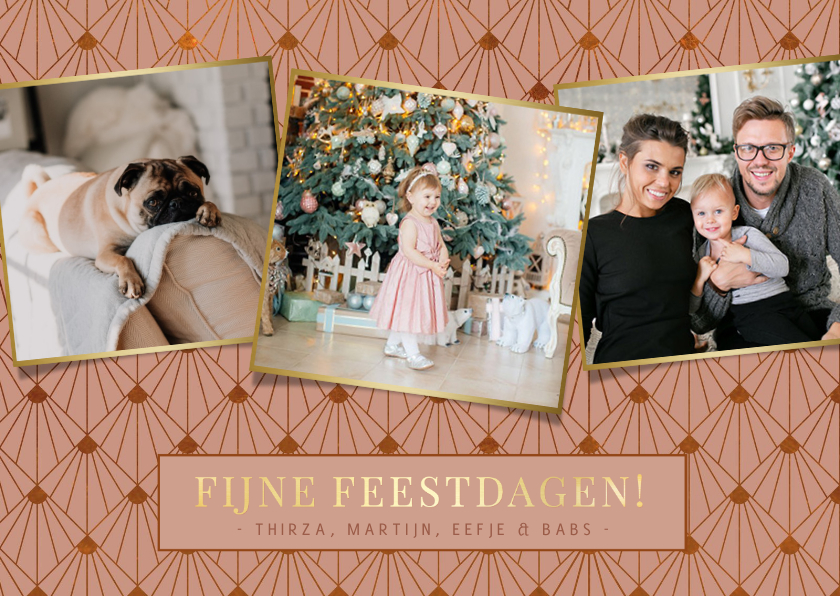 Stijlvolle art -deco roze kerstkaart met 3 eigen foto's - Kerstkaarten Kerstkaarten - Stijlvolle art -deco roze kerstkaart met 3 eigen foto's