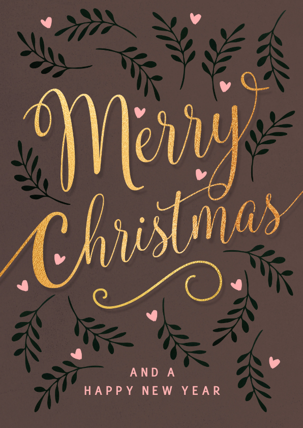 Kerstkaarten - Stijlvolle bruine kerstkaart met kersttakjes en gouden tekst