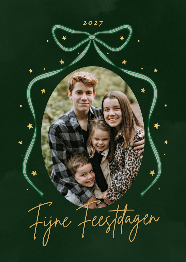 Stijlvolle foto kerstkaart met strik en gouden sterren - Kerstkaarten Kerstkaarten - Stijlvolle foto kerstkaart met strik en gouden sterren