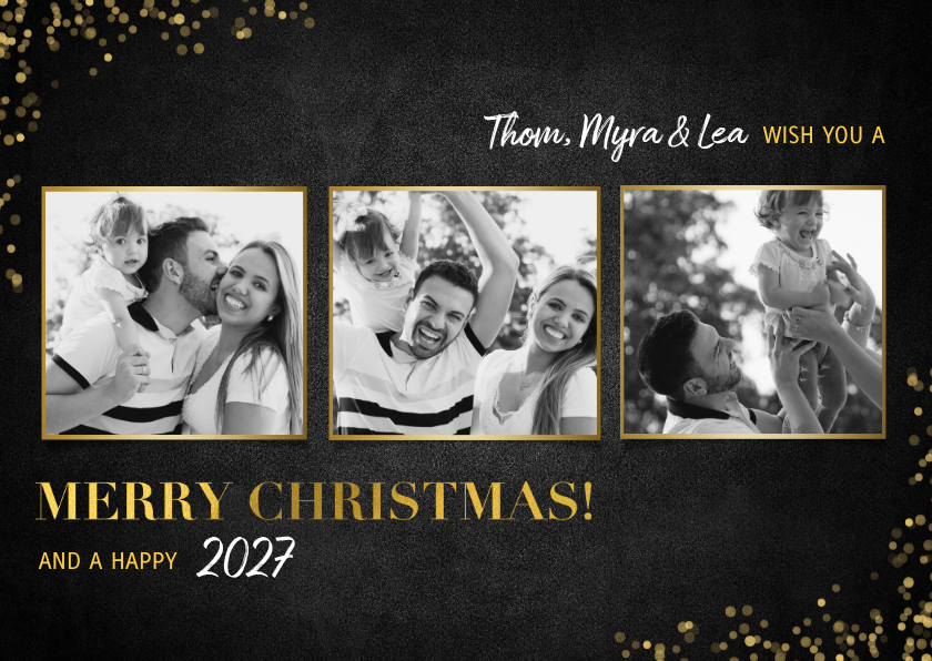 Stijlvolle fotocollage kerstkaart gouden 'merry christmas!' - Kerstkaarten Kerstkaarten - Stijlvolle fotocollage kerstkaart gouden 'merry christmas!'