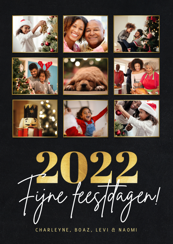 Stijlvolle fotocollage kertskaart met foto's en gouden 2022 - Kerstkaarten Kerstkaarten - Stijlvolle fotocollage kertskaart met foto's en gouden 2022