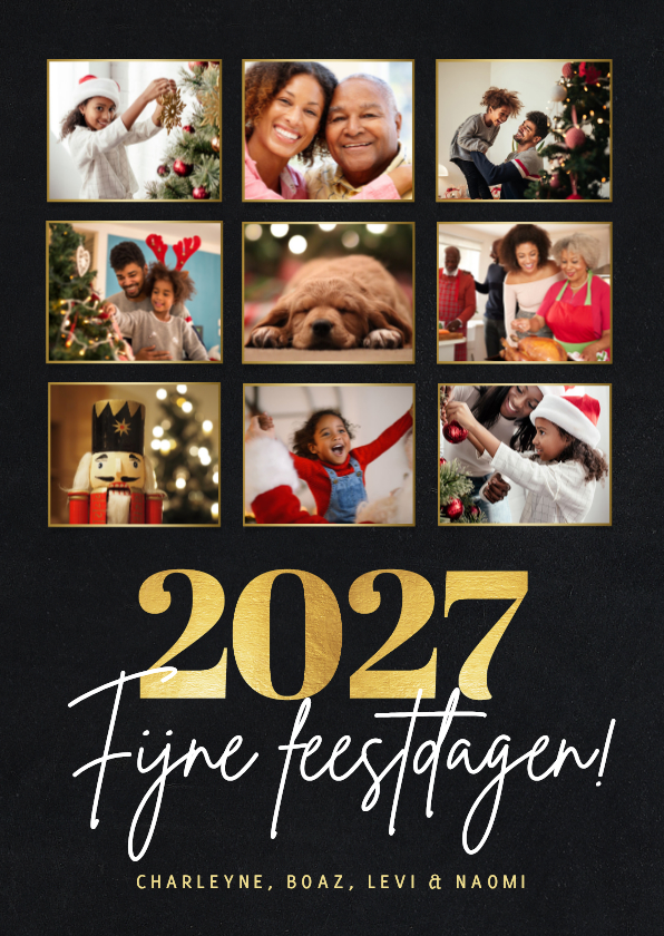 Kerstkaarten - Stijlvolle fotocollage kertskaart met foto's en gouden 2027