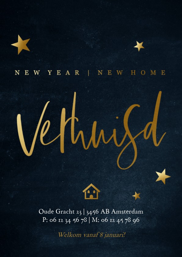 Stijlvolle kerst verhuiskaart met goudlook tekst en sterren - Kerstkaarten Kerstkaarten - Stijlvolle kerst verhuiskaart met goudlook tekst en sterren