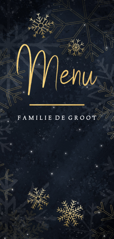 Kerstkaarten - Stijlvolle kerstdiner menukaart met gouden sneeuwvlokken