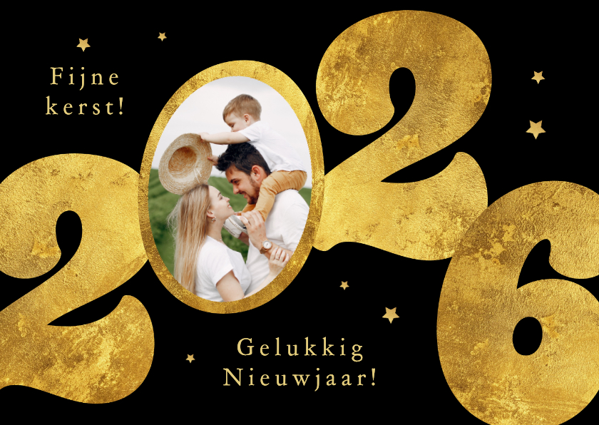Stijlvolle kerstkaart 2026 goud sterren modern foto - Kerstkaarten Kerstkaarten - Stijlvolle kerstkaart 2026 goud sterren modern foto