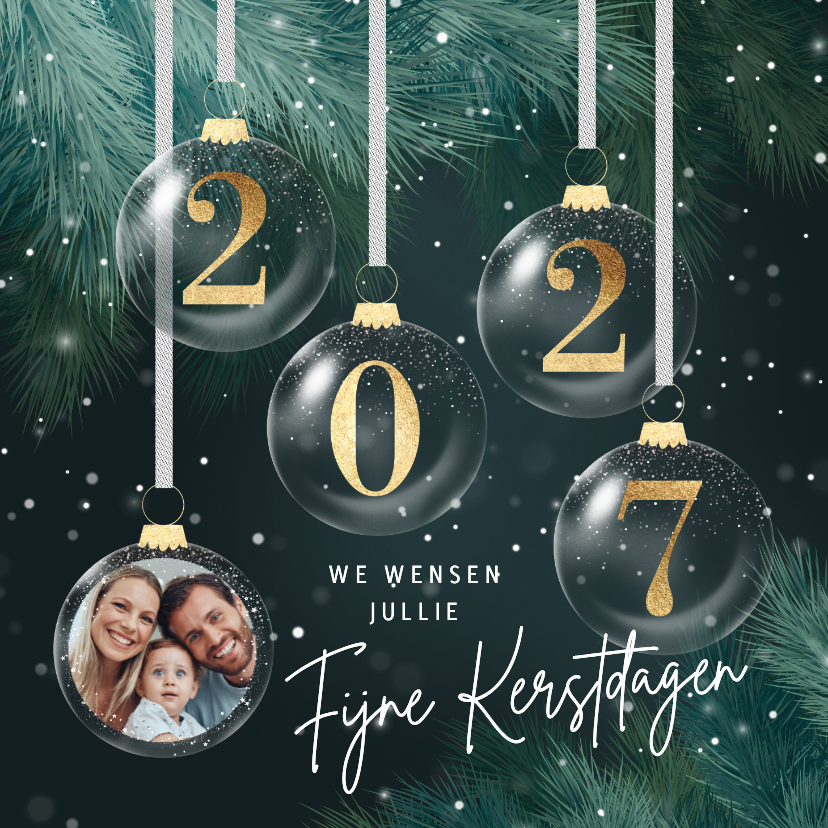 Stijlvolle kerstkaart 2027 kerstballen en foto - Kerstkaarten Kerstkaarten - Stijlvolle kerstkaart 2027 kerstballen en foto