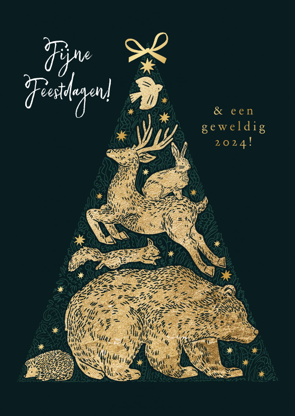 Kerstkaarten - Stijlvolle kerstkaart bosdieren silhouet kerstboom goud
