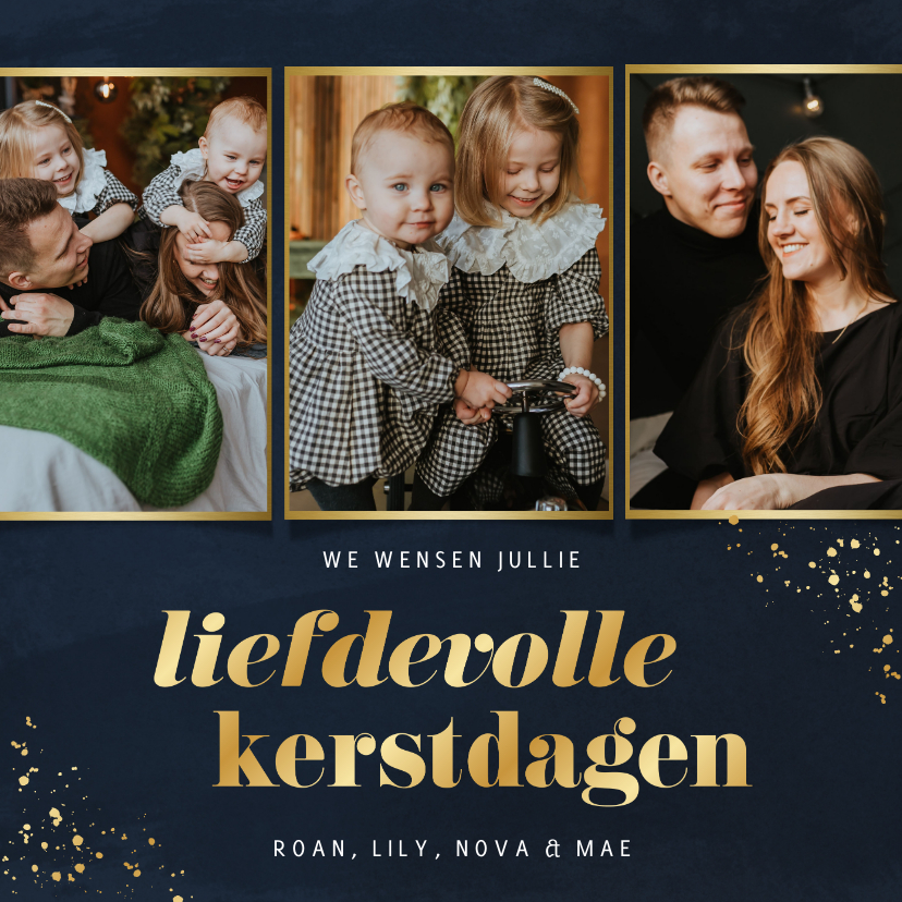 Kerstkaarten - Stijlvolle kerstkaart donkerblauw fotocollage goud