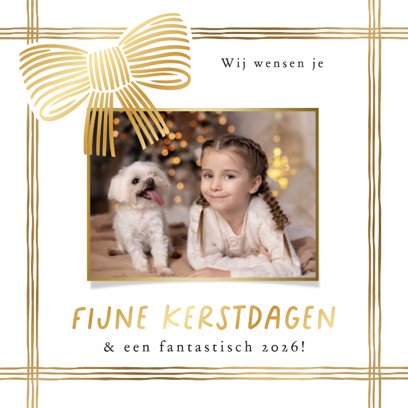 Stijlvolle kerstkaart foto lint strikken lijntekening goud - Kerstkaarten Kerstkaarten - Stijlvolle kerstkaart foto lint strikken lijntekening goud