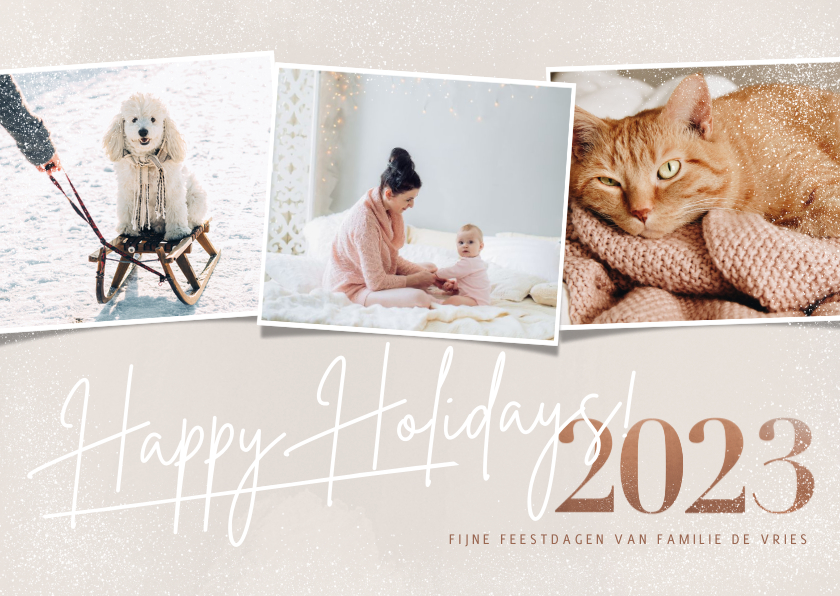 Stijlvolle kerstkaart fotocollage 2023 happy holidays beige - Kerstkaarten Kerstkaarten - Stijlvolle kerstkaart fotocollage 2023 happy holidays beige