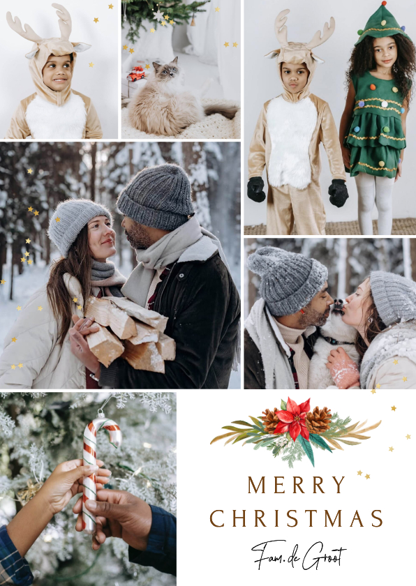 Stijlvolle kerstkaart fotocollage bladertakken watercolor - Kerstkaarten Kerstkaarten - Stijlvolle kerstkaart fotocollage bladertakken watercolor