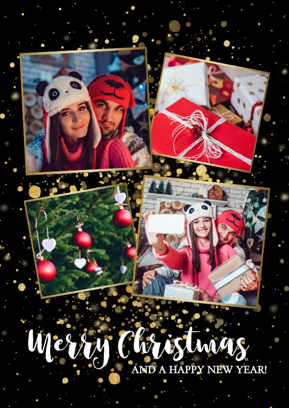 Stijlvolle kerstkaart fotocollage met gouden confetti - Kerstkaarten Kerstkaarten - Stijlvolle kerstkaart fotocollage met gouden confetti