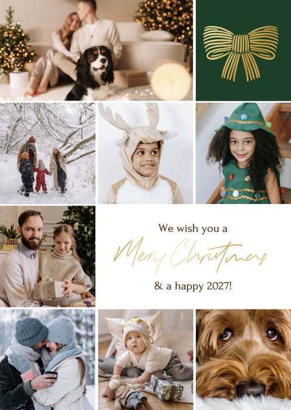 Stijlvolle kerstkaart fotocollage minimalistisch strik goud - Kerstkaarten Kerstkaarten - Stijlvolle kerstkaart fotocollage minimalistisch strik goud