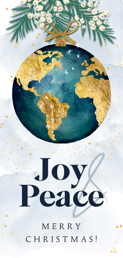 Kerstkaarten - Stijlvolle kerstkaart 'Joy & Peace' wereldbol goud waterverf